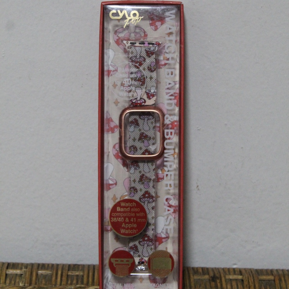 Cylo Pop.  Mushroom Print. Metal Mesh  Watch Band & Bumper Case. for Apple 41mm.